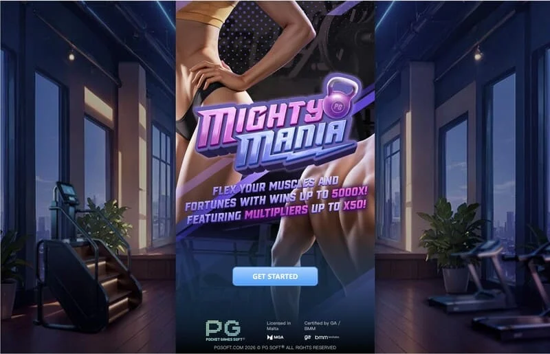 Mighty Mania – huvudmeny och skärm för val av insats